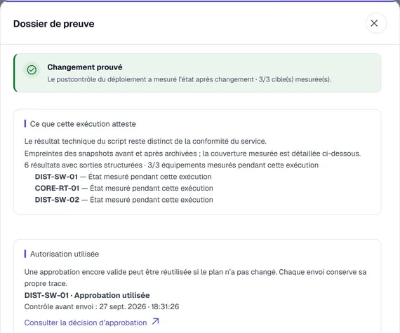 Dossier de preuve : changement prouvé, ce que l’exécution atteste, autorisation utilisée.