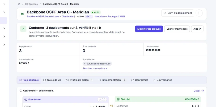 Fiche du service Backbone OSPF Area 0 : conforme, 3 équipements sur 3, vérifié.